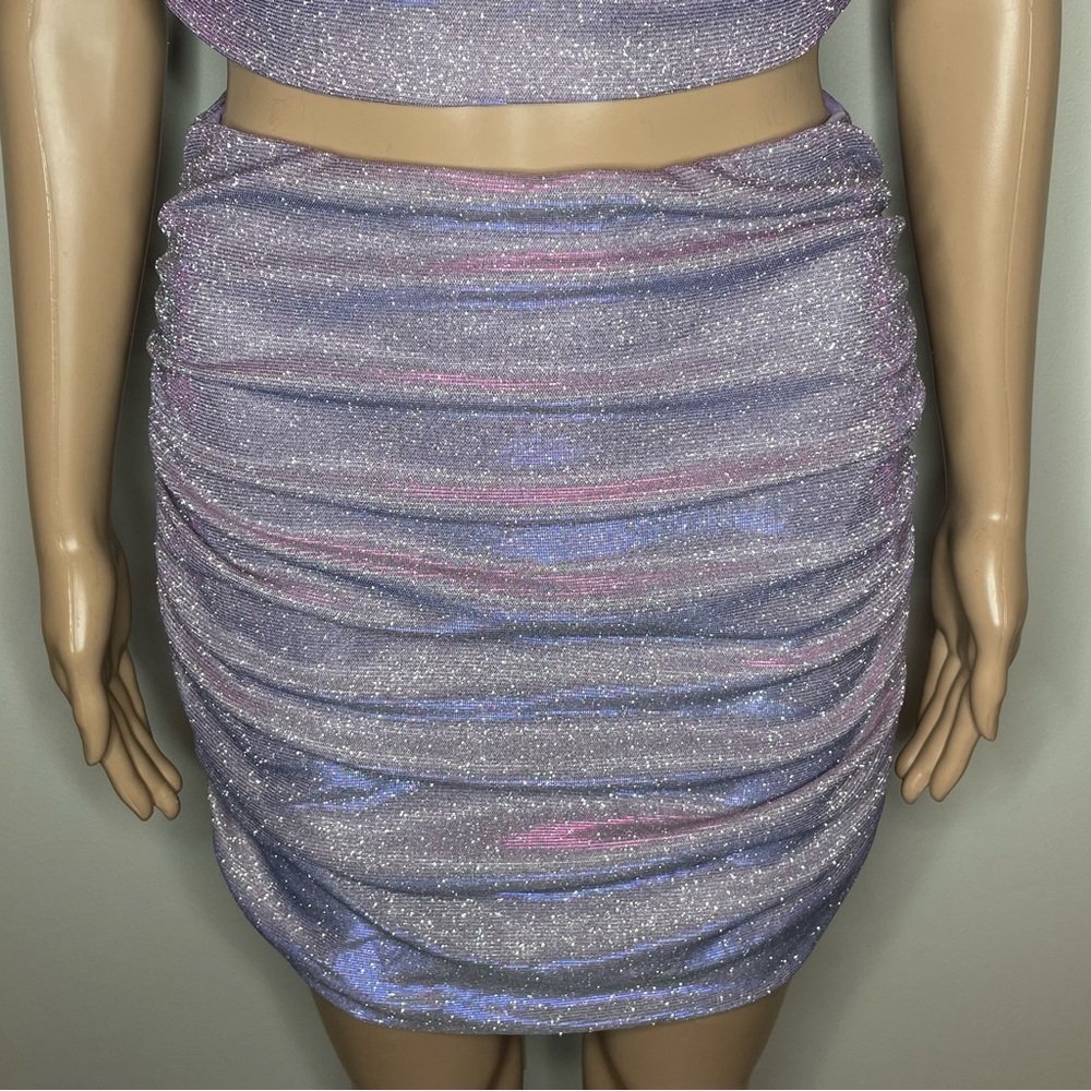 Purple Sparkly 2 Piece Cropped Tank Top & Ruched Skirt Set Rhinestone Straps - Picture 6 of 7